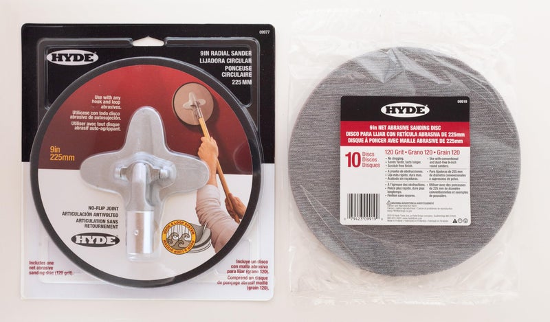 Hyde 9-Inch Radial Sander Kit with 10-Pack Sanding Discs, Sanding Net, 120 Grit - Large Area Pivoting Hinge, Drywall Sanders with Fast Change Hook and Loop, Lightweight - Image 1